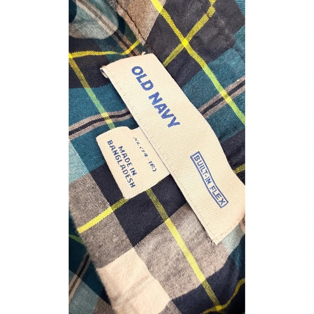Old Navy Boys XL 14-16 Plaid ButtonDown Shirt Blue Yellow Built-In Flex Long Slv